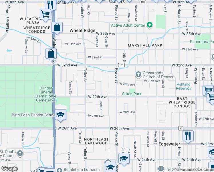 map of restaurants, bars, coffee shops, grocery stores, and more near 6925 West 29th Avenue in Wheat Ridge