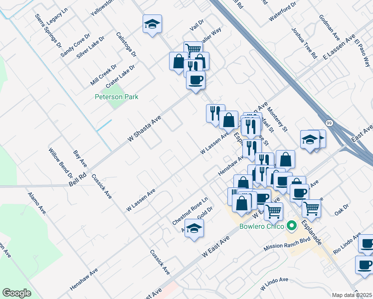 map of restaurants, bars, coffee shops, grocery stores, and more near 235 West Lassen Avenue in Chico