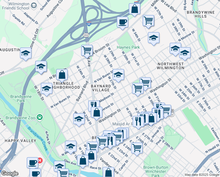 map of restaurants, bars, coffee shops, grocery stores, and more near 2512 Zebley Place in Wilmington