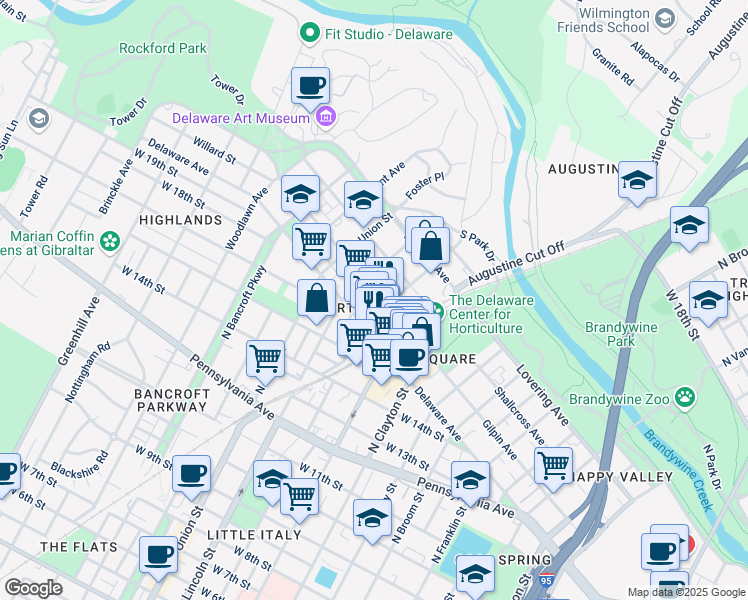 map of restaurants, bars, coffee shops, grocery stores, and more near 1806 Gilpin Avenue in Wilmington