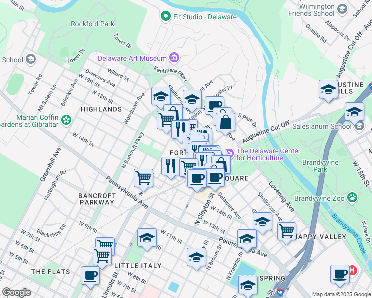 map of restaurants, bars, coffee shops, grocery stores, and more near in Wilmington