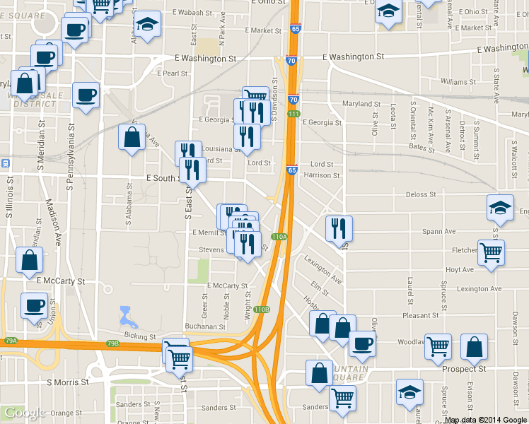 map of restaurants, bars, coffee shops, grocery stores, and more near 735 Lexington Avenue in Indianapolis