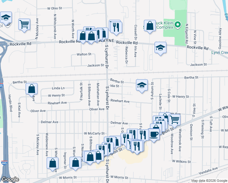 map of restaurants, bars, coffee shops, grocery stores, and more near 443 South Lynhurst Drive in Indianapolis