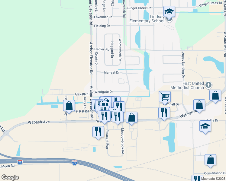 map of restaurants, bars, coffee shops, grocery stores, and more near 4130 Westgate Drive in Springfield