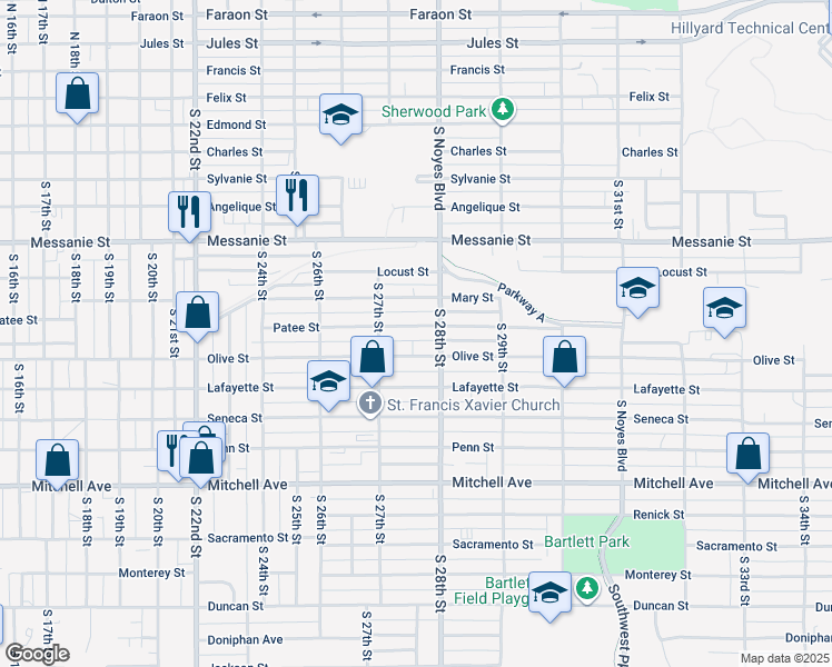 map of restaurants, bars, coffee shops, grocery stores, and more near 2716 Olive Street in Saint Joseph