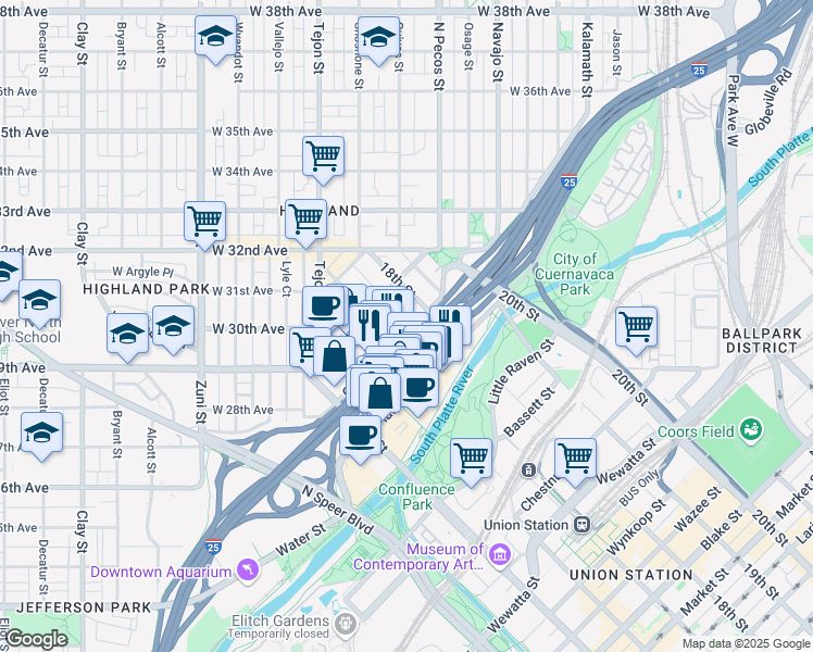 map of restaurants, bars, coffee shops, grocery stores, and more near 2420 17th Street in Denver