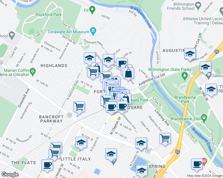map of restaurants, bars, coffee shops, grocery stores, and more near 1806 Gilpin Ave in Wilmington