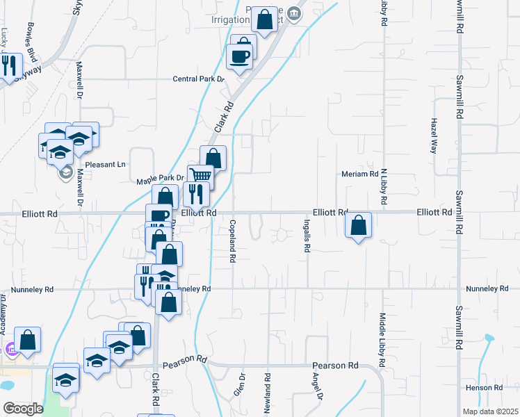 map of restaurants, bars, coffee shops, grocery stores, and more near 1223 Elliott Road in Paradise