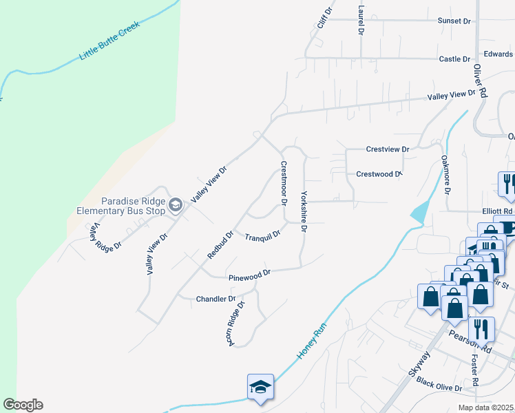 map of restaurants, bars, coffee shops, grocery stores, and more near 292 Redbud Drive in Paradise
