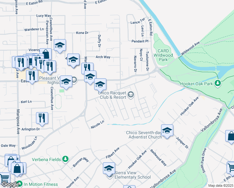 map of restaurants, bars, coffee shops, grocery stores, and more near 990 Jonell Lane in Chico