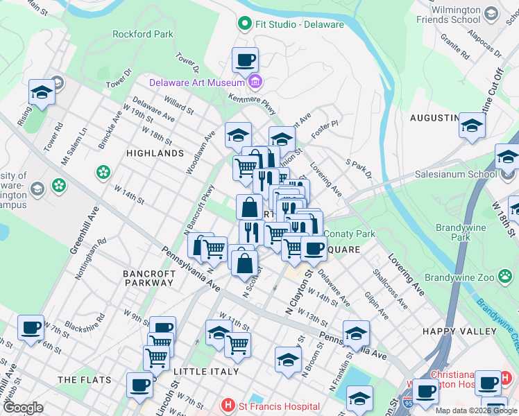 map of restaurants, bars, coffee shops, grocery stores, and more near 1903 West 16th Street in Wilmington