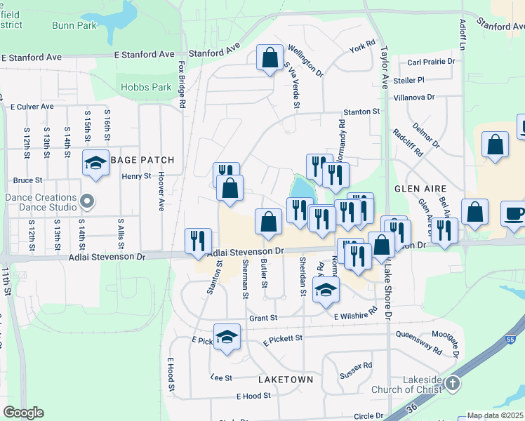 map of restaurants, bars, coffee shops, grocery stores, and more near 3126 Butler Street in Springfield