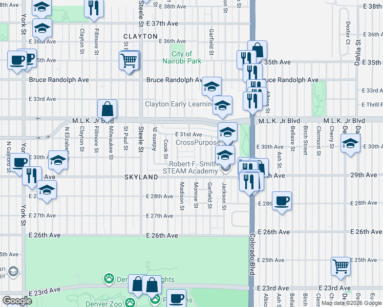 map of restaurants, bars, coffee shops, grocery stores, and more near 3500 East 30th Avenue in Denver