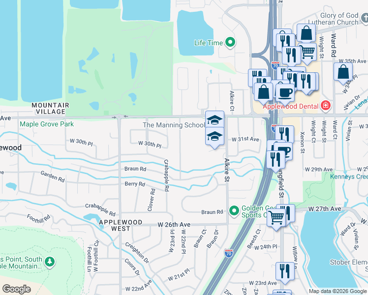 map of restaurants, bars, coffee shops, grocery stores, and more near 2945 Braun Court in Golden