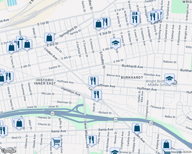 map of restaurants, bars, coffee shops, grocery stores, and more near 609 Huffman Avenue in Dayton