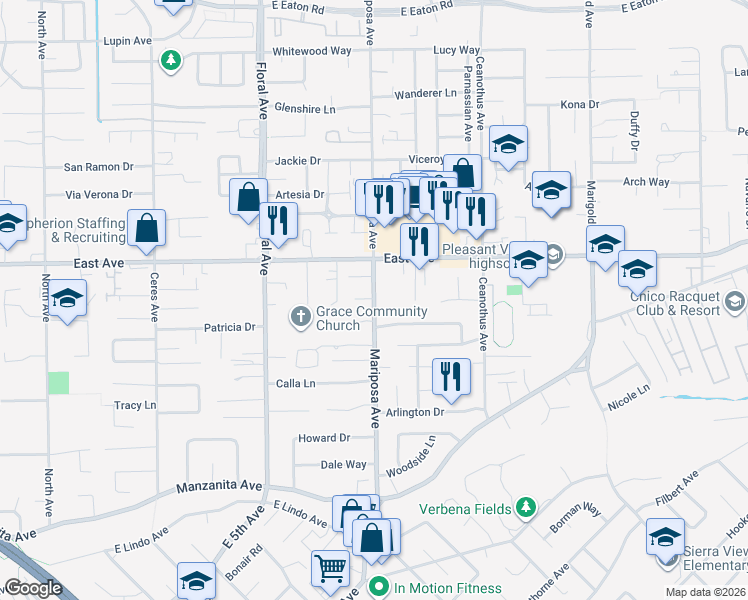 map of restaurants, bars, coffee shops, grocery stores, and more near 1352 Keri Lane in Chico