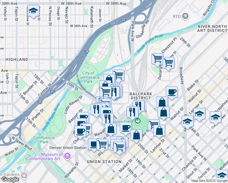 map of restaurants, bars, coffee shops, grocery stores, and more near 2975 Huron Street in Denver