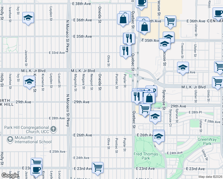 map of restaurants, bars, coffee shops, grocery stores, and more near 3011 Olive Street in Denver