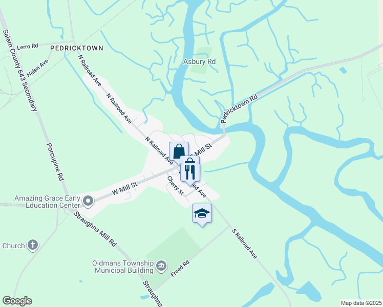 map of restaurants, bars, coffee shops, grocery stores, and more near 18 East Mill Street in Pedricktown