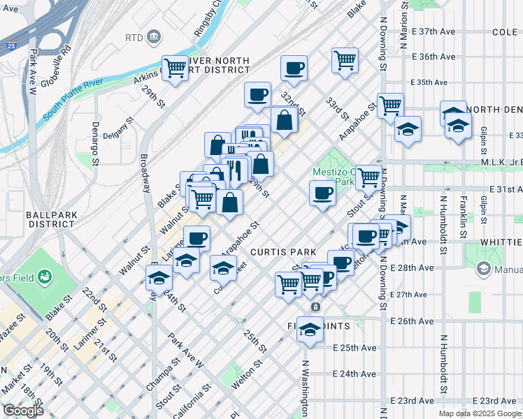 map of restaurants, bars, coffee shops, grocery stores, and more near 2855 Arapahoe Street in Denver