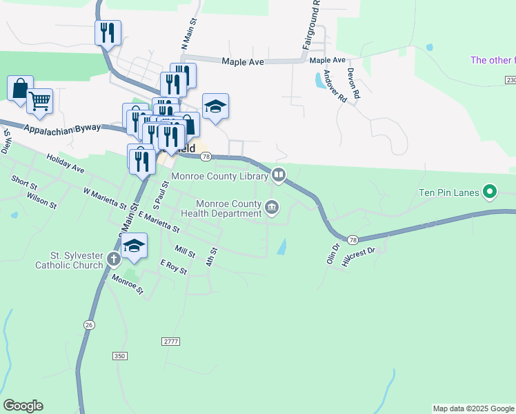 map of restaurants, bars, coffee shops, grocery stores, and more near 106 Young Street in Woodsfield