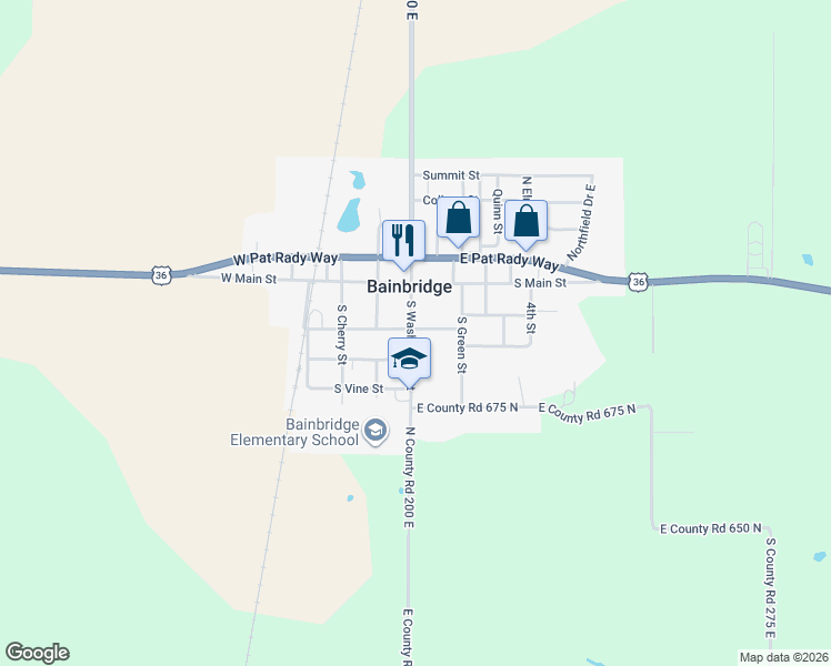 map of restaurants, bars, coffee shops, grocery stores, and more near 201 South Washington Street in Bainbridge