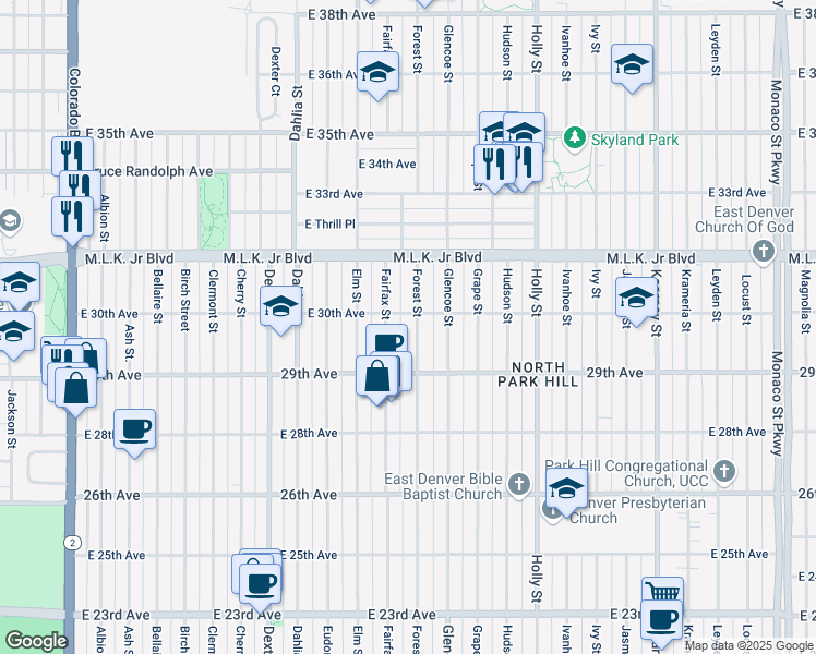 map of restaurants, bars, coffee shops, grocery stores, and more near 2977 Forest Street in Denver