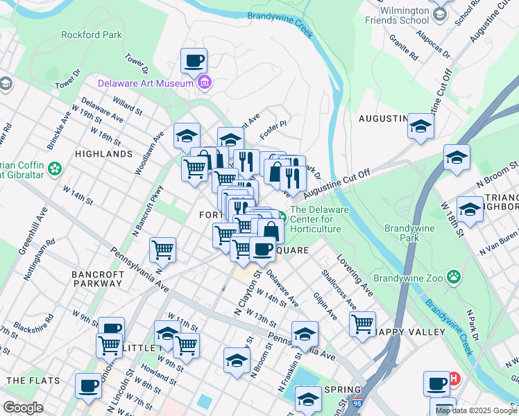 map of restaurants, bars, coffee shops, grocery stores, and more near 1812 North Scott Street in Wilmington