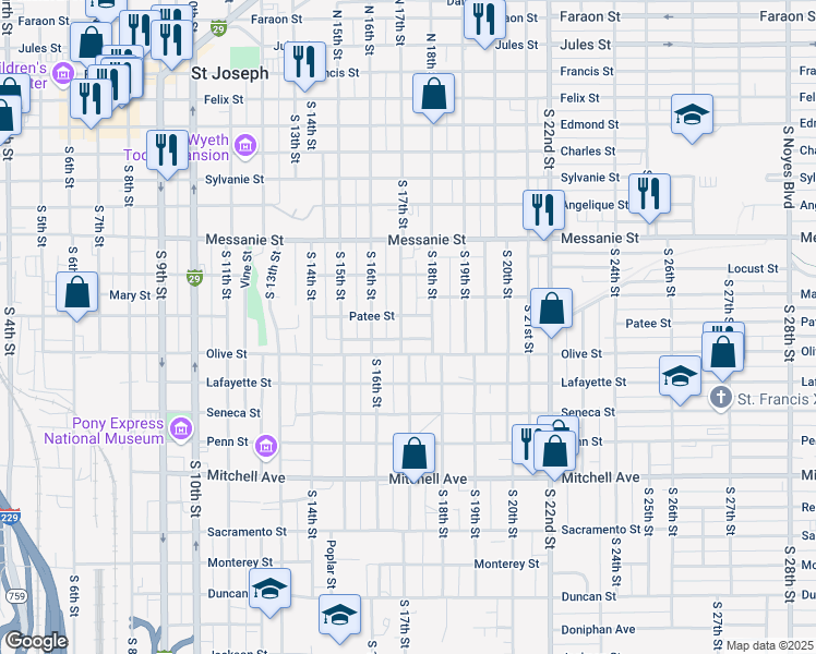 map of restaurants, bars, coffee shops, grocery stores, and more near 807 South 17th Street in Saint Joseph