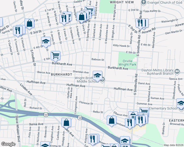 map of restaurants, bars, coffee shops, grocery stores, and more near 621 Burkhardt Avenue in Dayton