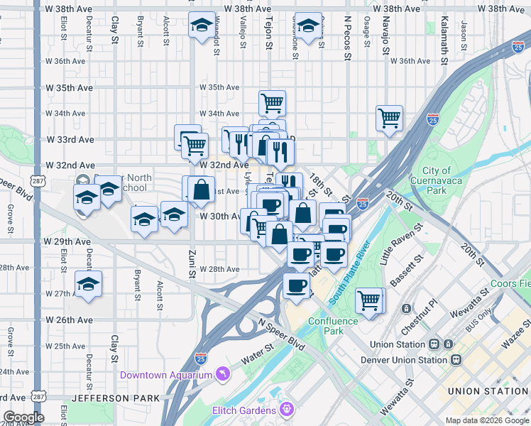 map of restaurants, bars, coffee shops, grocery stores, and more near 2102 West 31st Avenue in Denver