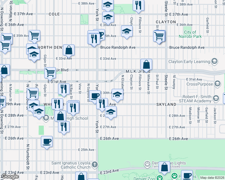 map of restaurants, bars, coffee shops, grocery stores, and more near 3050 Josephine Street in Denver