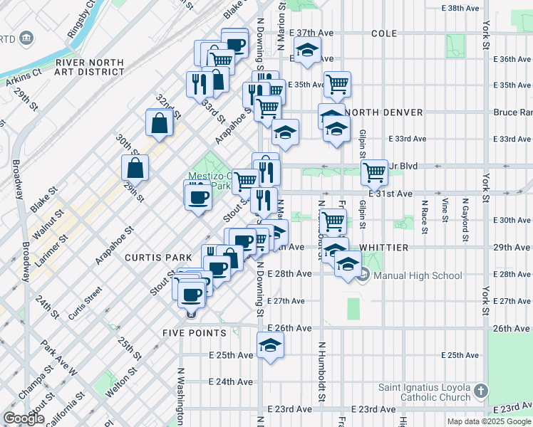 map of restaurants, bars, coffee shops, grocery stores, and more near 3090 North Downing Street in Denver