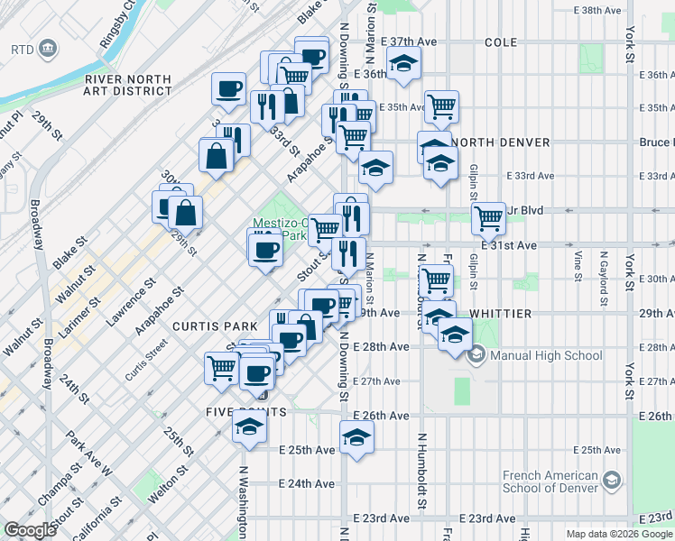 map of restaurants, bars, coffee shops, grocery stores, and more near 3090 North Downing Street in Denver