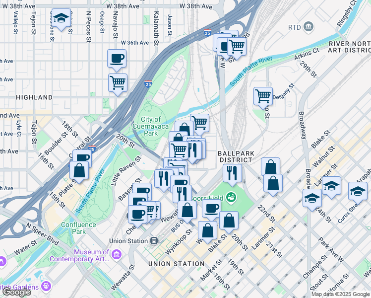 map of restaurants, bars, coffee shops, grocery stores, and more near 3100 N Inca Street in Denver