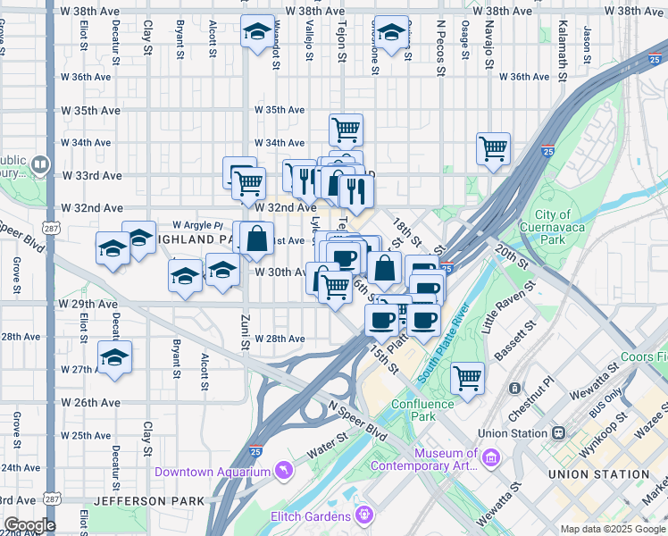 map of restaurants, bars, coffee shops, grocery stores, and more near 2102 West 31st Avenue in Denver
