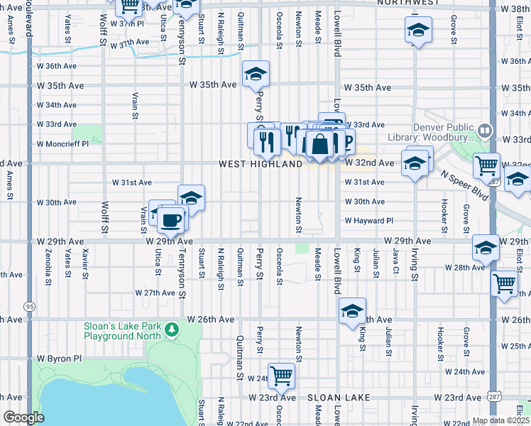 map of restaurants, bars, coffee shops, grocery stores, and more near 3933 West 30th Avenue in Denver