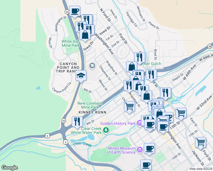 map of restaurants, bars, coffee shops, grocery stores, and more near 422 Cheyenne Street in Golden