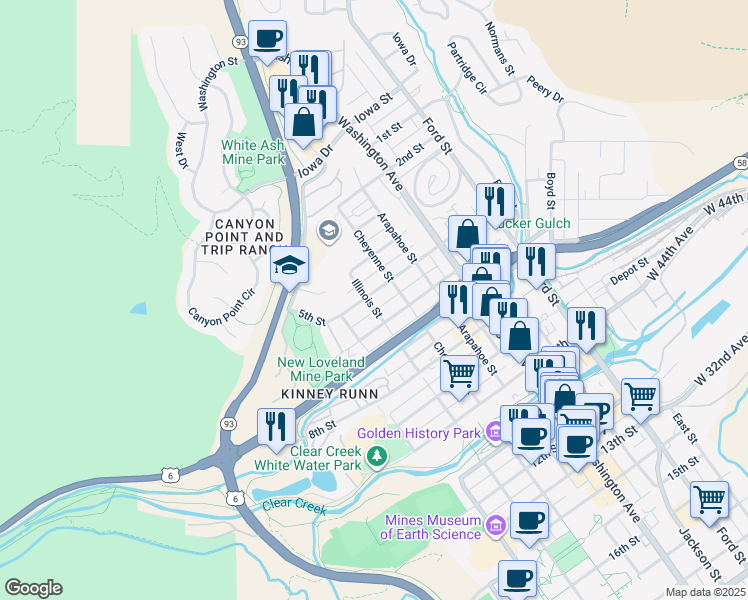 map of restaurants, bars, coffee shops, grocery stores, and more near 422 Cheyenne Street in Golden