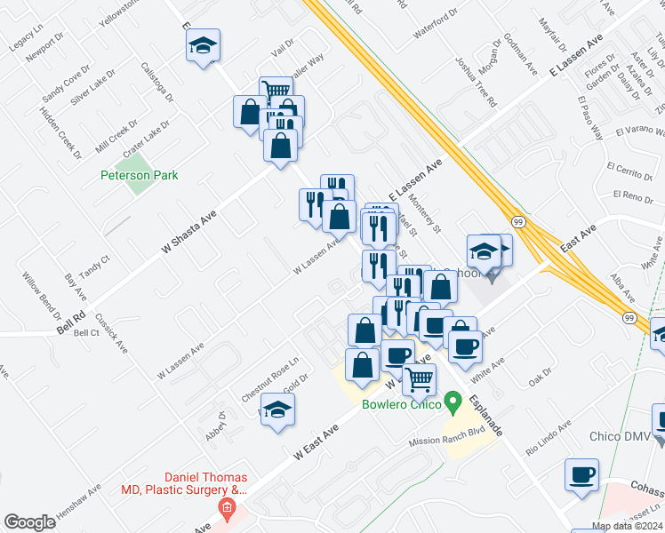 map of restaurants, bars, coffee shops, grocery stores, and more near 2795 Esplanade in Chico