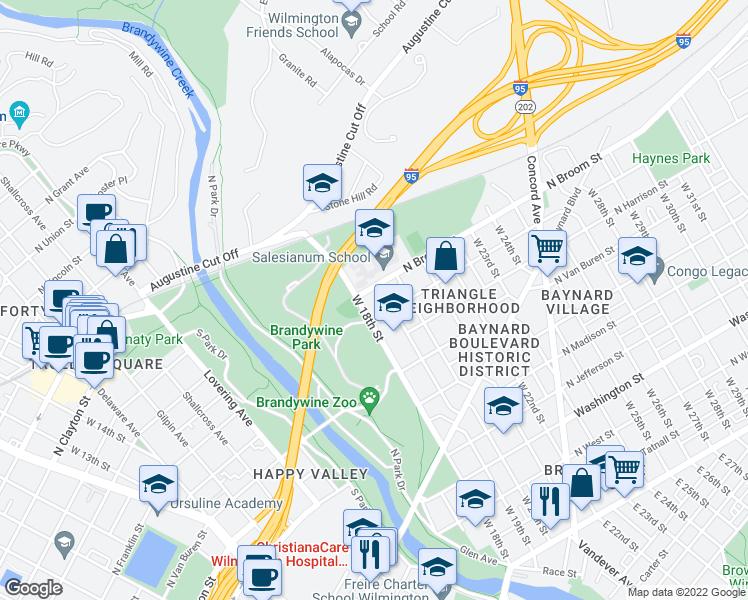 map of restaurants, bars, coffee shops, grocery stores, and more near 1904 North Broom Street in Wilmington