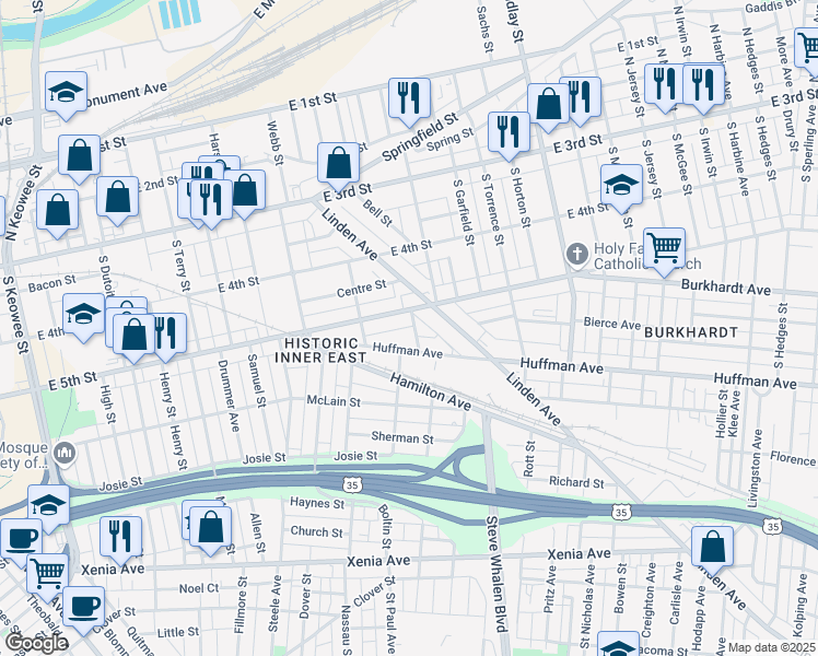 map of restaurants, bars, coffee shops, grocery stores, and more near 177 Linden Avenue in Dayton