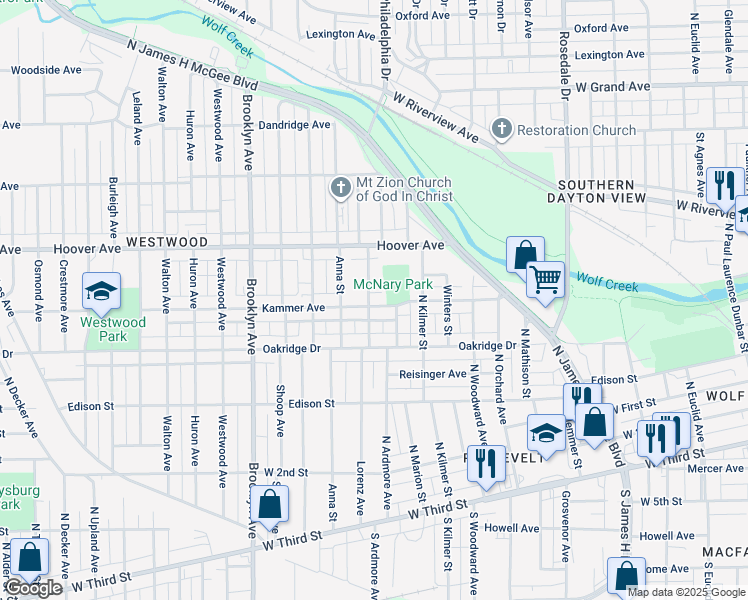 map of restaurants, bars, coffee shops, grocery stores, and more near 433 Lorenz Avenue in Dayton