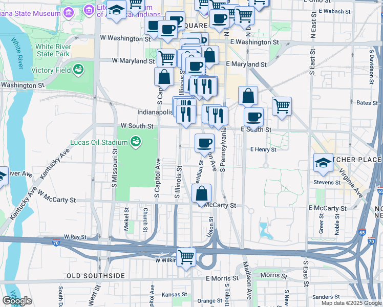 map of restaurants, bars, coffee shops, grocery stores, and more near 546 S Meridian St in Indianapolis
