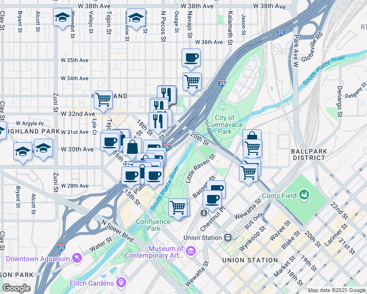 map of restaurants, bars, coffee shops, grocery stores, and more near 2010-2018 Platte Street in Denver