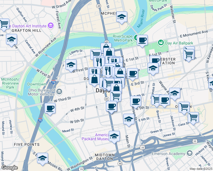 map of restaurants, bars, coffee shops, grocery stores, and more near 40 West 2nd Street in Dayton