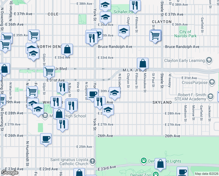 map of restaurants, bars, coffee shops, grocery stores, and more near 3050 Josephine Street in Denver