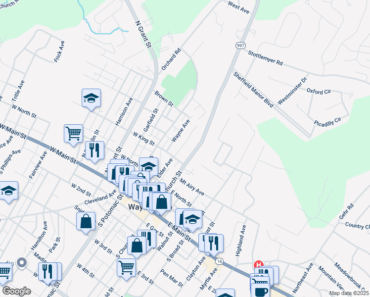map of restaurants, bars, coffee shops, grocery stores, and more near 207 Crown Court in Waynesboro