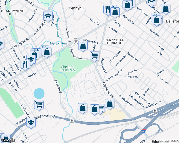 map of restaurants, bars, coffee shops, grocery stores, and more near 8501 Park Court in Wilmington