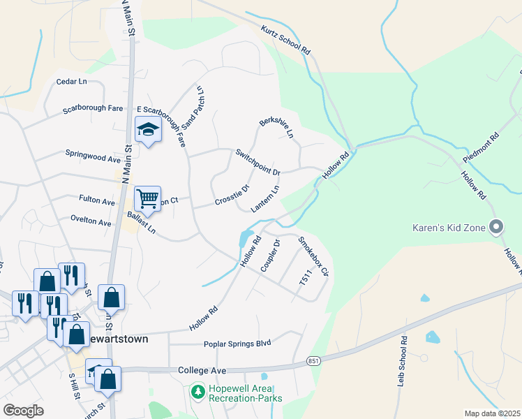 map of restaurants, bars, coffee shops, grocery stores, and more near 119 Lantern Lane in Stewartstown